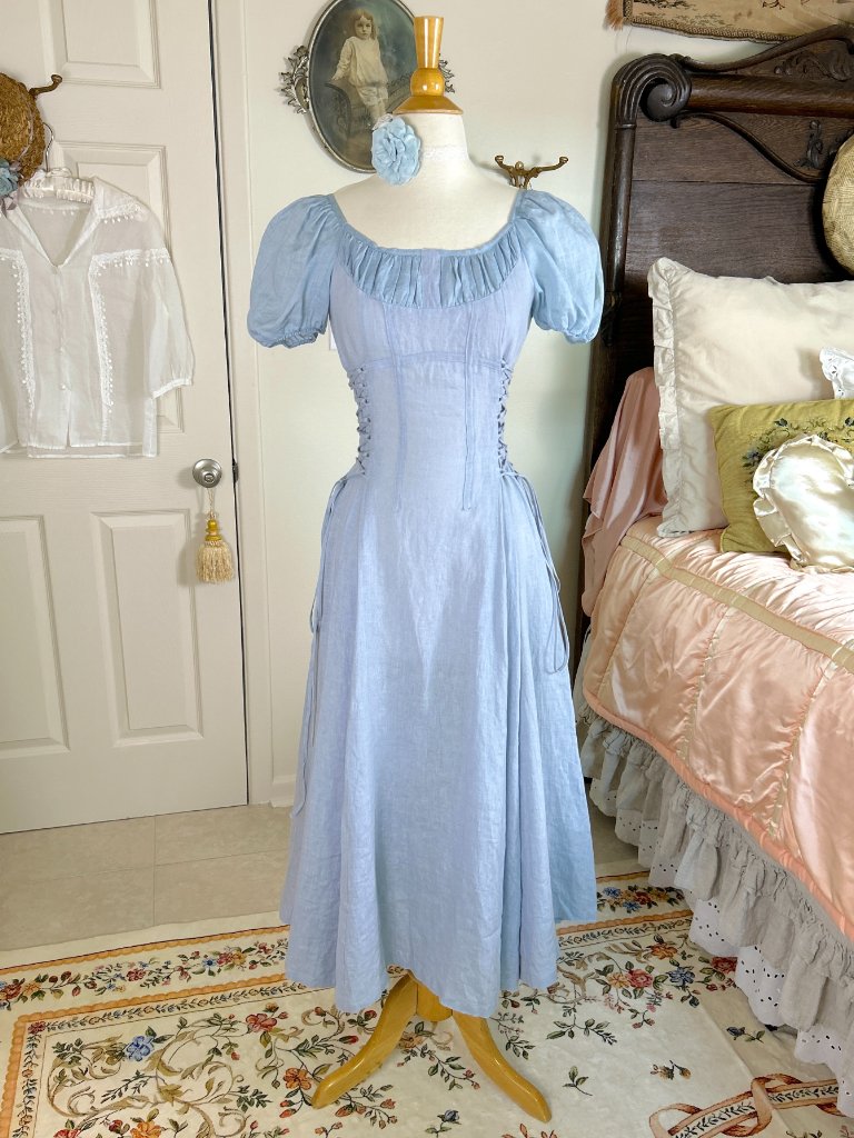 Linennaive Blue Linen Corset Milkmaid Dress, Ylang 18 Cinderella, Puff Sleeves — image 4 of 8